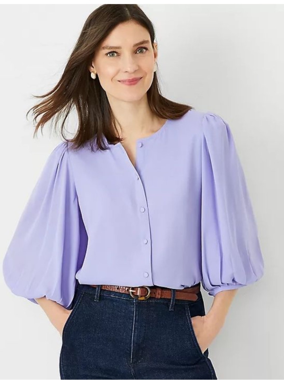Ann Taylor Lilac Puff-Sleeve Button-Front Blouse- worn about 3 times